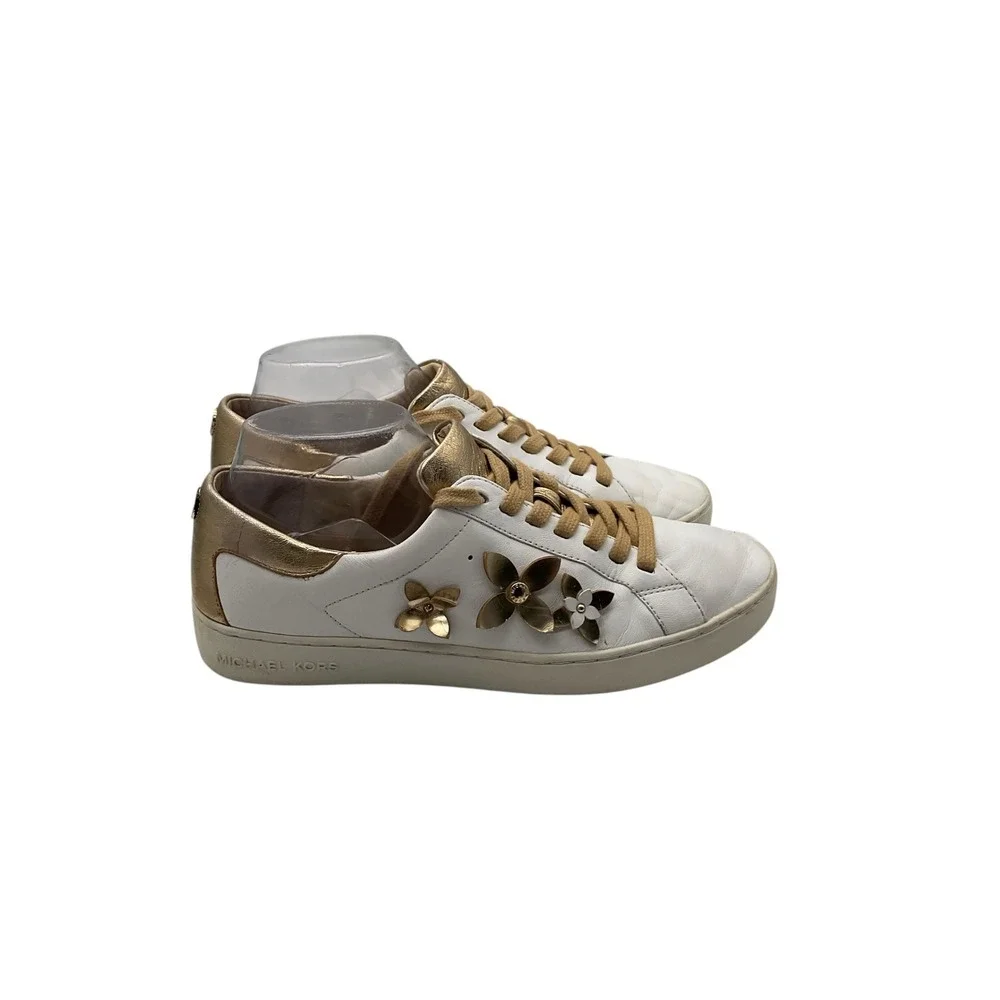 Michael Kors White Leather Gold Floral Applique Low Top Sneakers Womens 9.5 M
